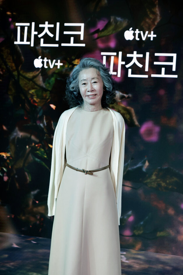 18일 오전(한국시각), 미국 로스앤젤레스에서 열린 애플티브이플러스(TV+) 오리지널 시리즈 &lt;파친코&gt; 제작발표회에 참석한 배우 윤여정. 애플티브이플러스 제공