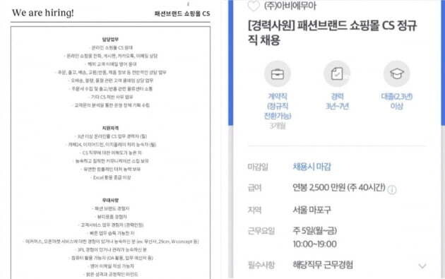 강민경이 운영하는 의류 쇼핑몰에서 낸 경력직 채용 공고. 에스엔에스 갈무리