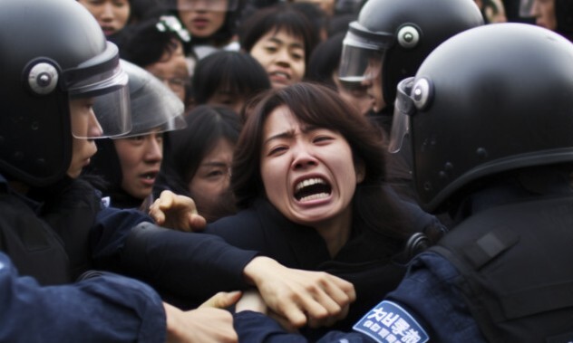 인공지능 이미지 제작 소프트웨어 미드저니가 ‘경찰에 둘러싸인 군중들’이란 내용을 요청받아 생산한 인공지능 이미지.