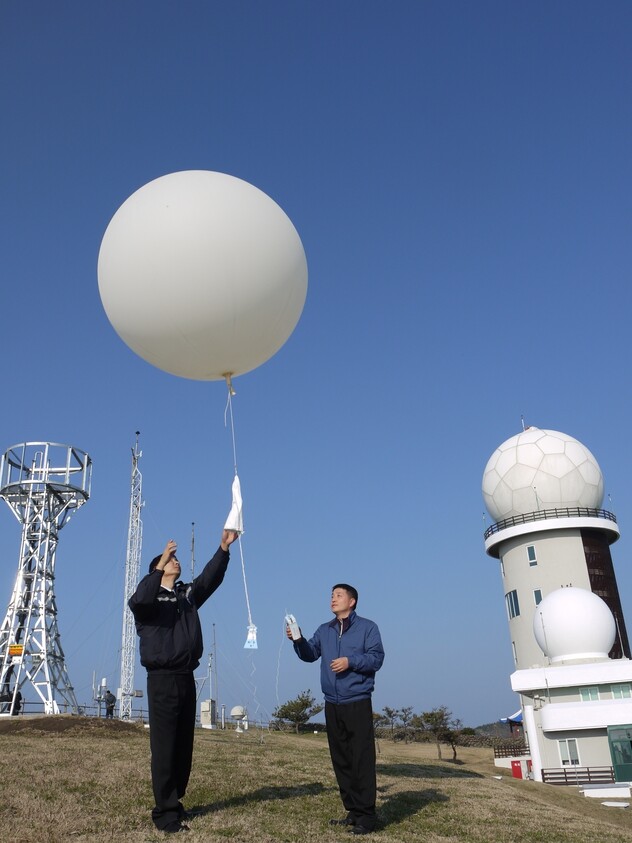 2011년 12월 제주시 한경면의 고산기상대 연구원들이 위성위치확인시스템(GPS)이 달린 고공관측장비인 라디오존데를 띄우고 있다. 남종영 기자 fandg@hani.co.kr
