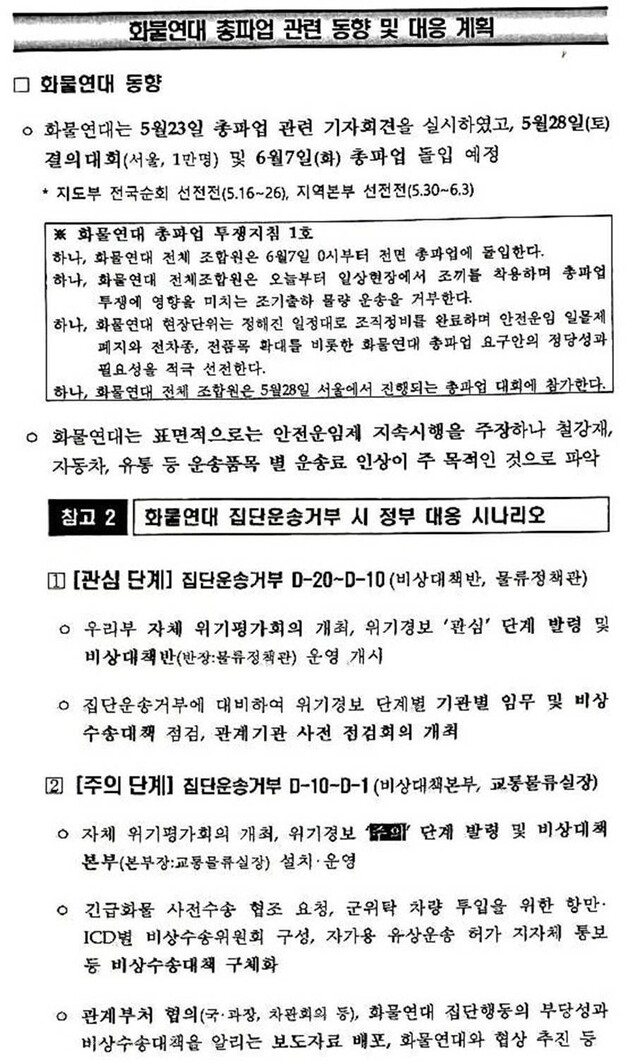 국토교통부가 작성한 ‘화물연대 총파업 대비 화주·운수사 단체 대책회의’ 문건 일부.