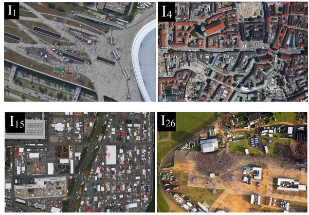 집회 군중 숫자파악 시스템 개발을 위해 사용한 항공사진 데이터셋인 DLR-ACD 의 이미지들. 시장, 무역전시회, 콘서트장, 도심부 사진이다. arXiv.org