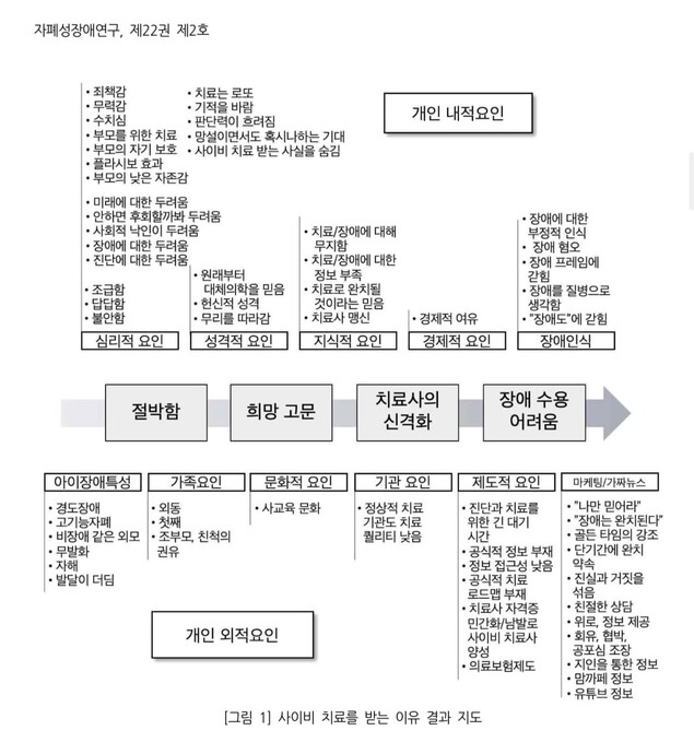 부모가 장애 아이의 사이비 치료를 받는 이유. 권정민 서울교대 유아·특수교육과 교수가 2022년 자폐성장애연구 학술지에 낸 논문 ‘자폐성장애 아동의 부모는 왜 사이비 치료를 선택하는가’ 내용 갈무리