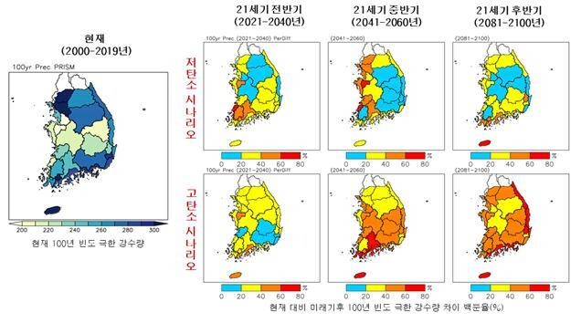 현재 대비 미래 권역별 100년 재현빈도 극한 강수량 변화 전망. 기상청 제공