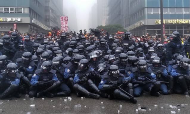 인공지능 이미지 제작 소프트웨어 미드저니가 ‘경찰에 둘러싸인 군중들’이란 내용을 요청받아 생산한 인공지능 이미지.