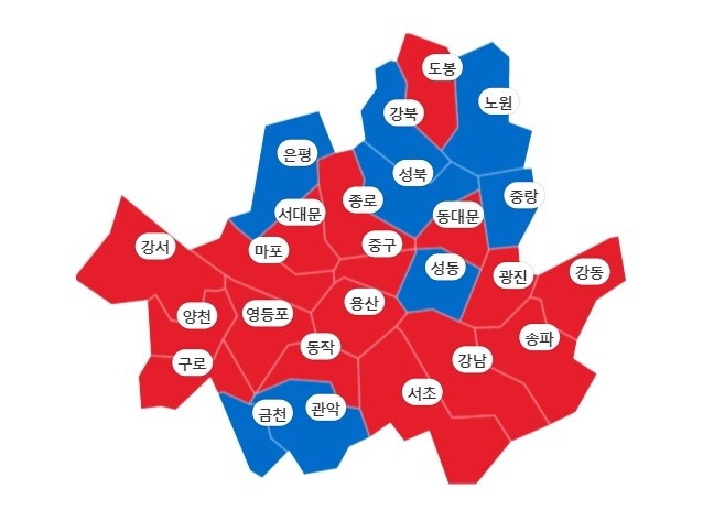 서울 기초단체장 판세. 빨간색이 국민의힘, 파란색이 더불어민주당 후보 당선지. 인터넷 포털 ‘다음’ 화면 갈무리