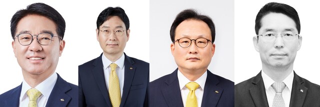 왼쪽부터 이동철 케이비(KB)금융지주 부회장 후보, 이창권 케이비국민카드 대표이사 후보, 이환주 케이비생명보험 대표이사 후보, 허상철 케이비저축은행 대표이사 후보. 케이비금융 제공