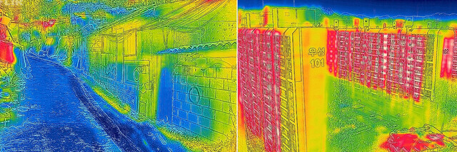 지난 1월27일 열화상 카메라로 촬영한 서울 노원구 중계동 백사마을(왼쪽)과 서울 시내의 한 아파트 단지(오른쪽). 열화상 카메라로 촬영한 사진은 온도가 높을수록 붉은색, 낮을수록 푸른색을 나타낸다. 연합뉴스