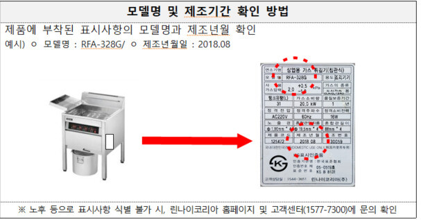 린나이코리아 튀김기 표시사항으로 리콜 대상 여부를 확인하는 방법. 국가기술표준원 제공