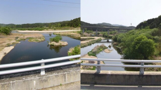 13일 저녁 7시께 “악어를 봤다”는 신고가 접수된 경북 영주시 문수면 무섬교 위에서 내려다본 하천. 네이버 지도 갈무리