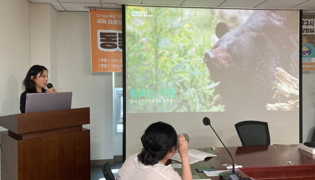 지난 19일 서울 여의도 국회의원회관에서 열린 ‘동물을 돌보는 마음, 국내 생추어리의 현황과 과제’ 간담회에서 ‘곰 보금자리 프로젝트’ 김민재 활동가가 발표하고 있다. 곰 보금자리 프로젝트 제공