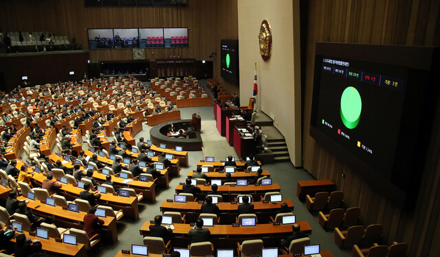 지난 2019년 12월 10일, 국회 본회의에서 어린이 안전과 관련된 민식이법(도로교통법 일부개정안)이 통과되고 있다. 김경호 선임기자 jijae@hani.co.kr