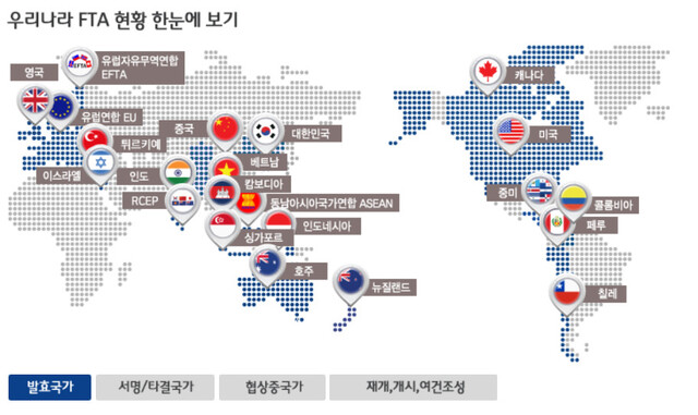 ‘FTA 강국, KOREA’ 누리집(www.fta.go.kr)에 실린 FTA 체결 현황