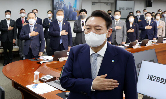 윤석열 대통령이 7일 오전 서울 용산 대통령실 청사에서 열린 국무회의에서 국무위원들과 국기에 경례를 하고 있다. 연합뉴스