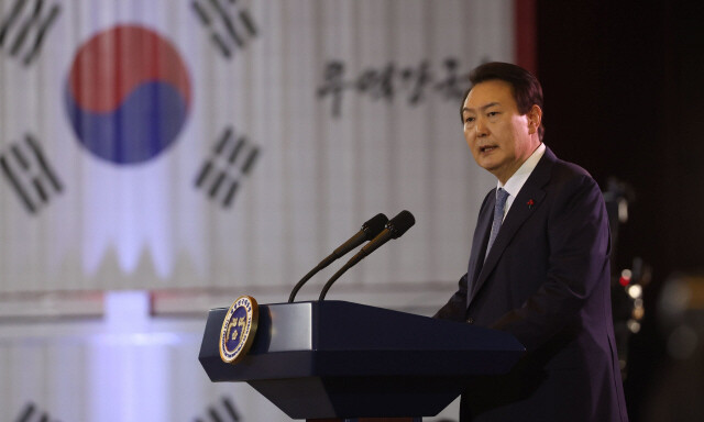 윤석열 대통령이 지난 5일 서울 코엑스에서 열린 제59회 무역의 날 기념식에서 축사를 하고 있다. 대통령실사진기자단