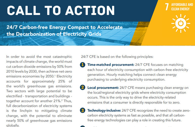 유엔 산하 유엔에너지가 밝히고 있는 24/7 CFE 캠페인의 원칙. 제1원칙으로 매시간 전력소비와 무탄소에너지 공급의 매칭을 적시하고 있다. 유엔 에너지 누리집
