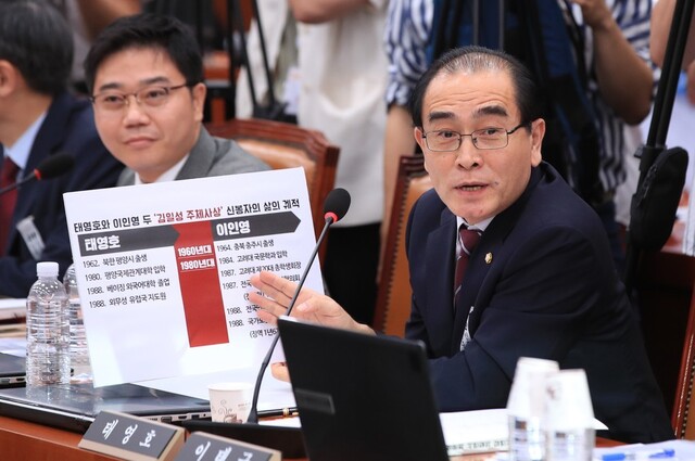 23일 국회 외교통일위원회의 이인영 통일부 장관 후보자 인사청문회에서 태영호 미래통합당 의원이 이 후보자에게 질의를 하고 있다. 연합뉴스