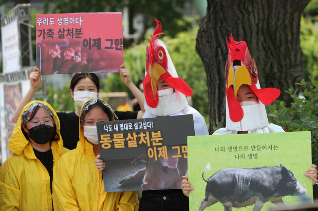 지난해 6월 불교환경연대 회원들이 정부서울청사 앞에서 동물 살처분을 비판하는 행위극을 한 뒤 손팻말을 들고 있다. 강창광 선임기자 chnag@hani.co.kr