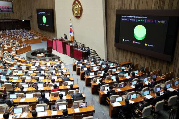 지난 24일 새벽 국회 본회의에서 2023년도 기금운용계획안이 의결 통과되고 있다. 연합뉴스