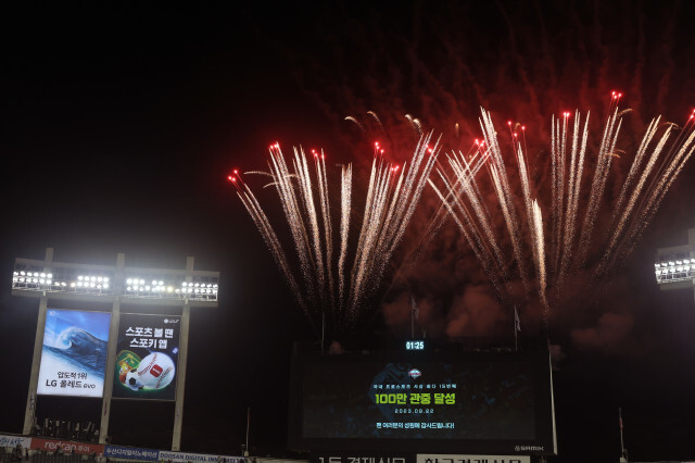 지난 22일 100만 홈 관중을 넘긴 엘지(LG) 트윈스의 축하 불꽃놀이. 엘지 트윈스 제공