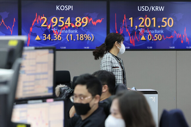 코스피가 1%대 반등한 7일 오후 서울 중구 을지로 하나은행 딜링룸에서 직원들이 업무를 보고 있다. 연합뉴스