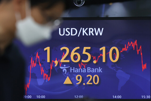 2일 오후 원-달러 환율이 전 거래일보다 9.2원 오른 1265.1원에 마감했다. 사진은 이날 서울 중구 하나은행 본점 딜링룸. 연합뉴스.