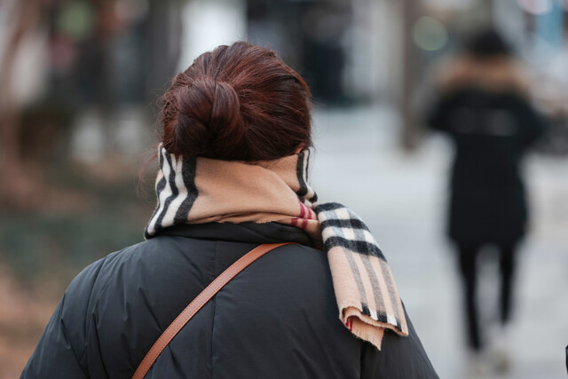 서울 아침 최저기온이 영하 8도까지 떨어지며 추운 날씨를 보인 지난달 16일 오전 목도리를 착용한 한 시민이 서울 종로구 광화문역 인근에서 걷고 있다. 연합뉴스