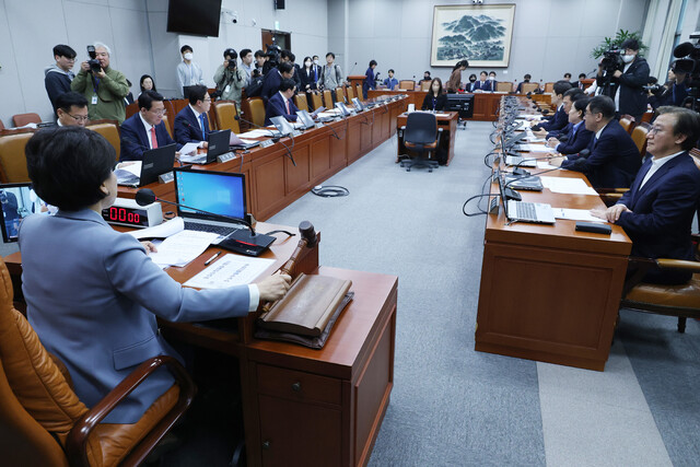 22일 오후 국회에서 열린 정치개혁특별위원회 전체회의에서 남인순 위원장이 의사봉을 두드리고 있다. 정개특위에서는 이날 선거제 개편안이 가결됐다. 연합뉴스