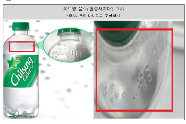 페트병의 경우, 캔보다 재질상 점자 표시가 어려워 표시율이 13.7%에 그쳤다. 한국소비자원 제공