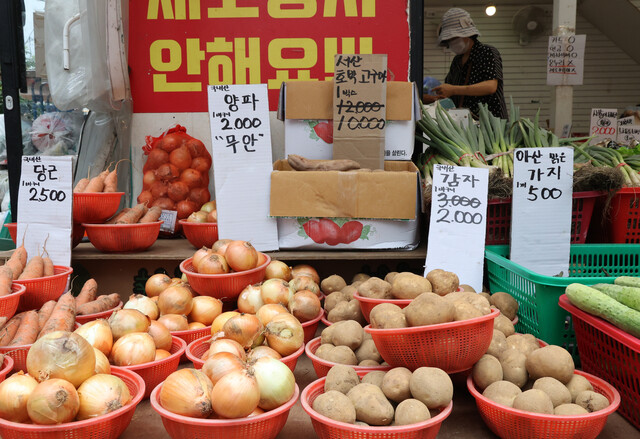 폭염과 가뭄 탓에 농산물 가격이 폭등해 밥상물가 시름도 깊다. 사진은 시장에서 한 상인이 양파와 감자, 당근, 오이 등 채소를 팔고 있는 모습. 연합뉴스