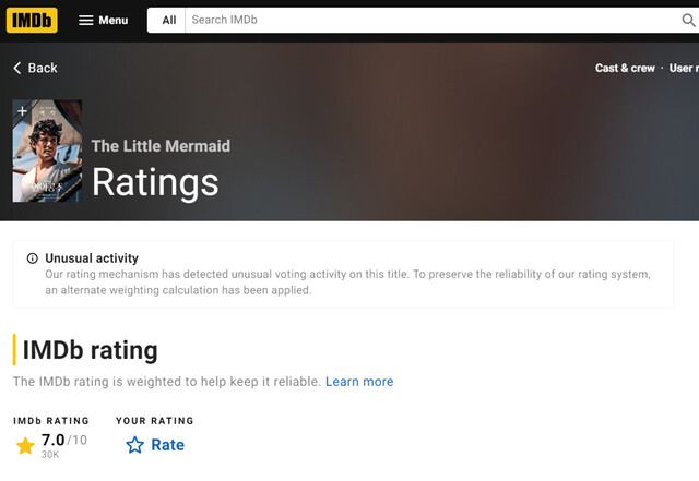 글로벌 영화 플랫폼 ‘아이엠디비’(IMDB)는 영화 &lt;인어공주&gt; 페이지에 별도 경고문을 올려 “우리 평가 메커니즘이 영화에 대한 비정상적인 투표 활동을 감지했다”고 밝혔다. 누리집 갈무리