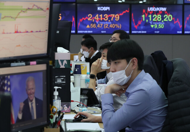 6일 오후 서울 중구 케이이비(KEB)하나은행 본점 딜링룸에서 외환 딜러들이 업무에 집중하고 있다. 그 옆으로 모니터 화면에 조 바이든 미국 대선 후보 관련 기사가 나오고 있다. 이날 코스피는 전날보다 56.47 오른 2413.79로 마감했다. 백소아 기자 thanks@hani.co.kr