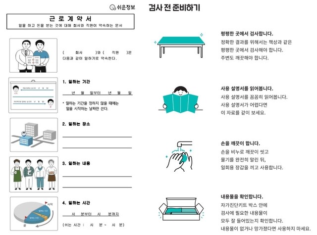 이해하기 쉬운 근로계약서(왼쪽), 코로나19 자가진단키트 사용법 안내서. 소소한소통 제공