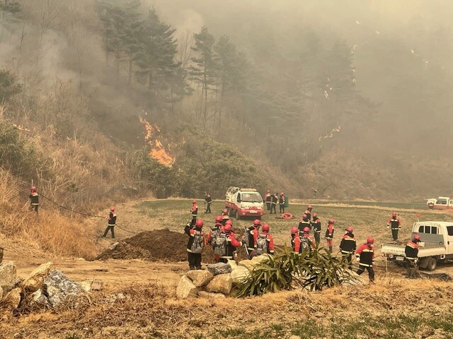 6일 낮 11시40분께 경북 울진 북면 모봉산에서 산불재난특수진화대원 등이 잔불을 진압하려 준비하고 있다. 이주빈 기자