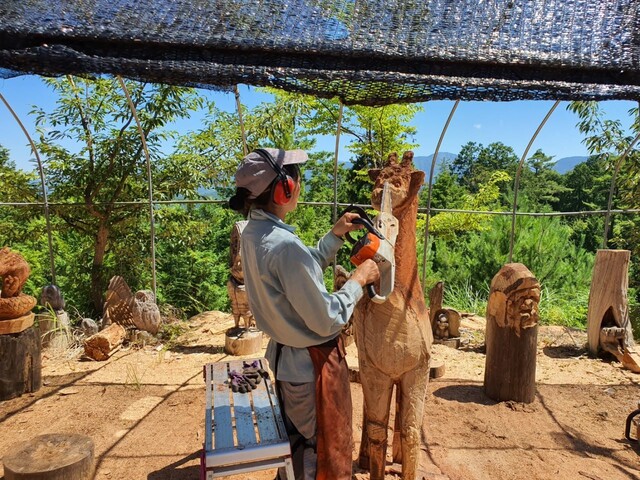 일본 비와호 유역림에서 솎아내기한 나무로 청년이 목공예 작업을 하고 있다. 비와호 유역림에서 베어낸 목재는 목공예, 목재를 활용한 인테리어 등 지역 목재 산업에 활용된다.