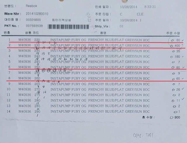 점주 김씨가 공개한 본사의 사이즈 미공개 밀어내기 사례. 주문 당시에는 사이즈를 공개하지 않고, 상품을 받을 때 확인할 수 있었다고 한다. 점주 제공