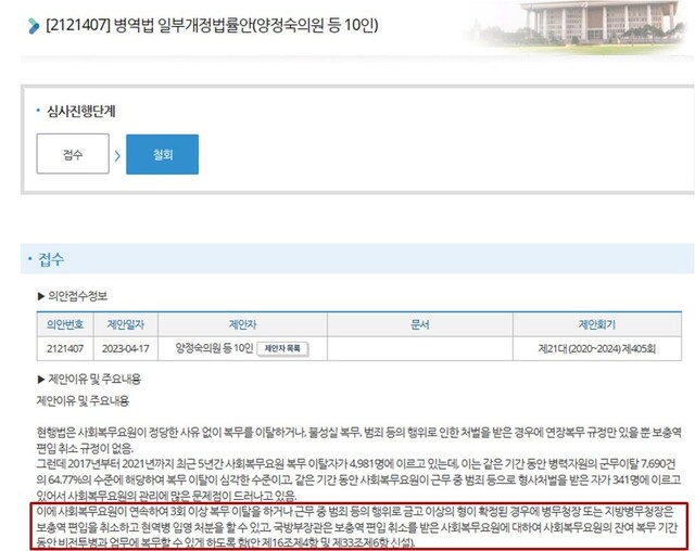 양정숙 무소속 의원이 발의한 병역법 개정안이 18일 발의 하루 만에 철회됐다. 국회 의안정보시스템 누리집 갈무리