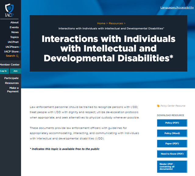 국제경찰장협회(IACP) 누리집에 올라온 ‘지적장애인 및 발달장애인과의 상호작용’ 지침서