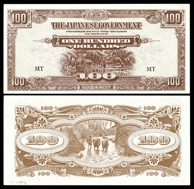 1944년 일본이 발행한 100달러 지폐. 전황이 불리해짐에 따라 일본은 점차 큰 단위의 화폐를 대량 발행하기 시작하였다. 출처 위키미디어 코먼스
