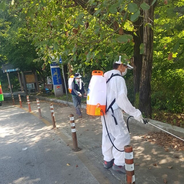 지난 20일 경북 김천시가 직지사 주변 도로에서 방역소독 작업을 하고 있다. 김천시 제공
