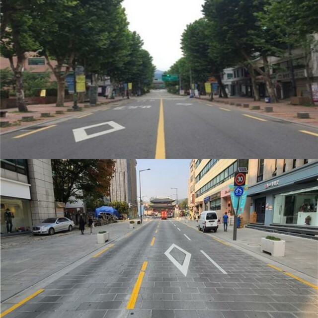 지난달 23일 서울시가 보도자료를 통해 창덕궁 앞 보행길을 넓히는 ‘보행재생 네트워크’ 사업 공사를 완료했다며 공개한 돈화문로의 공사 전후 모습. 아래쪽 공사 후 사진을 보면, 위쪽 공사 전 사진 속 양버즘나무들이 모두 베어져 있다. 서울시 제공