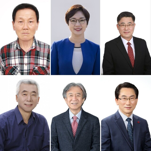 왼쪽 위부터 시계방향으로 김두환(75·독도한국당), 송문희(54·새로운물결), 윤대관(53·통일한국당), 김영종(68·무소속), 박종구(72·무소속), 서주원(55·무소속) 후보. 선관위 제공