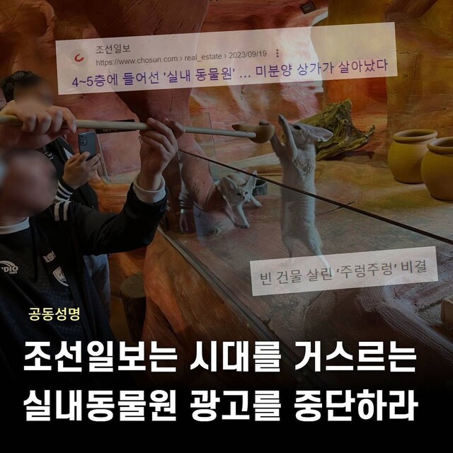 동물보호단체들이 실내동물원 덕에 건물 상가 분양이 늘었다는 기사를 낸 ‘조선일보’의 보도를 비판하는 성명을 내놨다. 어웨어 제공