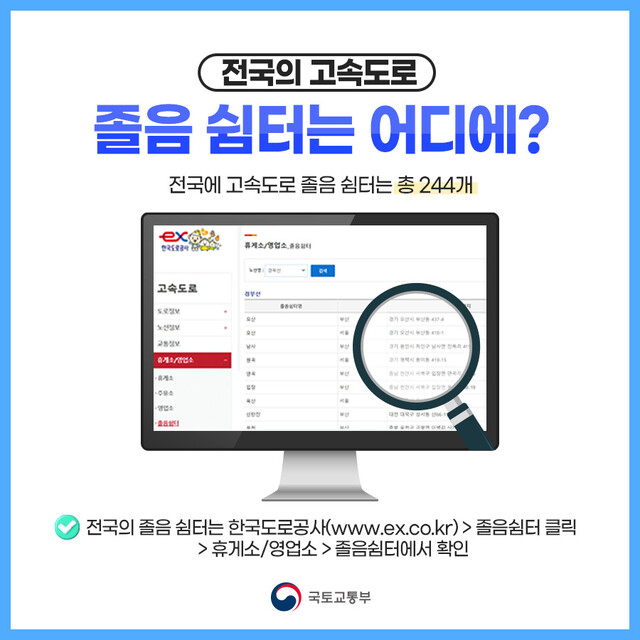 전국의 고속도로 졸음 쉼터는 모두 244개다. 전국의 졸음 쉼터는 한국도로공사 누리집에서 확인할 수 있다. 국토교통부 블로그 갈무리