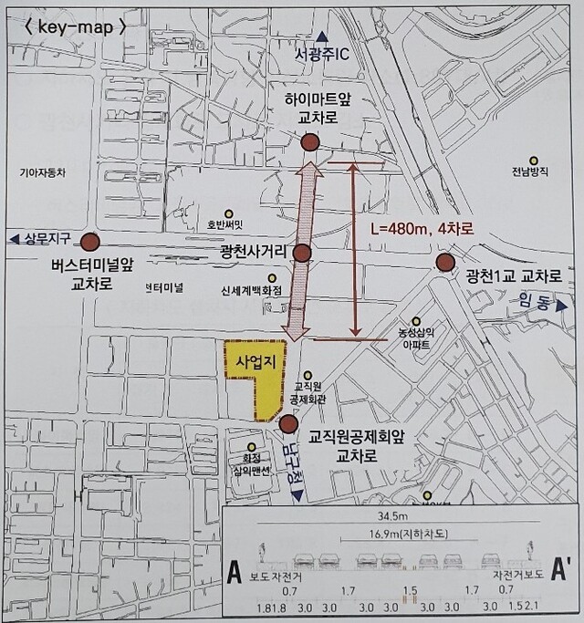 광주시 도시계획위원회 자문회의 때 제시된 신세계백화점 앞 죽봉대로 지하차도 건설 방안. 광주시 제공