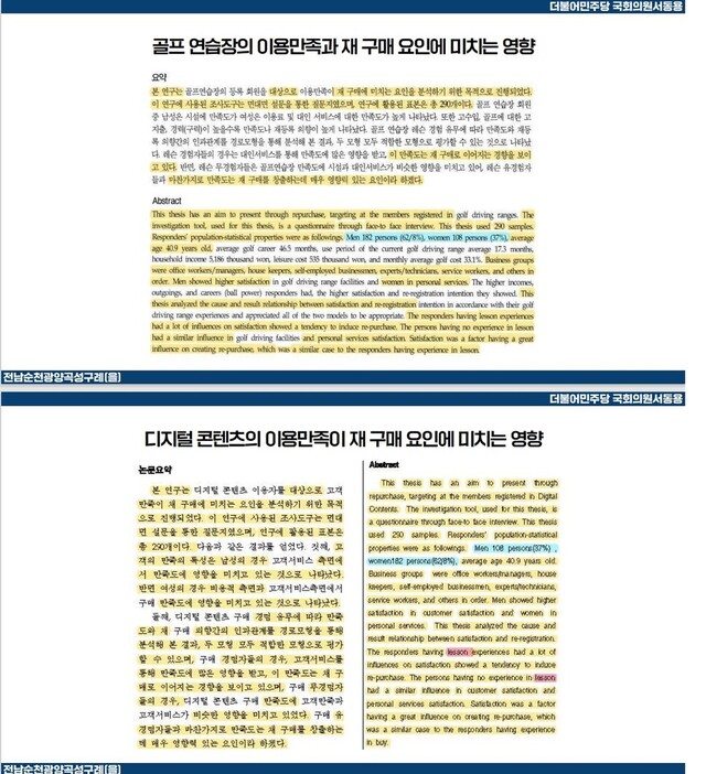 서동용 더불어민주당 의원은 4일 국회교육위원회 국정감사에서 김건희 여사의 ‘디지털 콘텐츠의 이용만족이 재 구매에 미치는 영향’ 논문이 ‘골프연습장 이용만족도 논문’과 유사하다고 지적했다. 서동용 의원실 제공