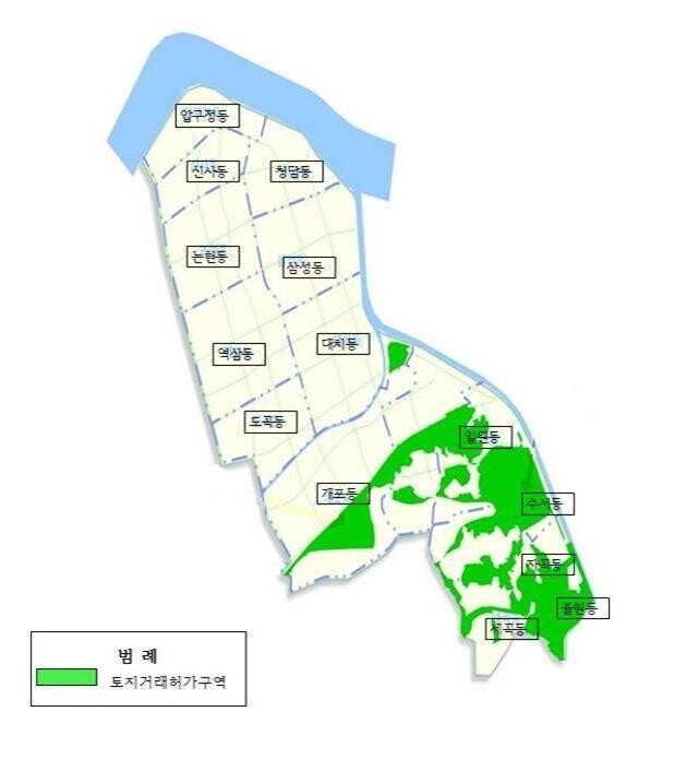 12일 토지거래허가구역으로 재지정된 서울 강남구 구역. 서울시 제공