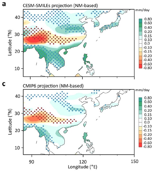 아시아 여름 몬순(6, 7, 8월)의 평균 강수량 변화를 예측한 기후 모델로 둘 다 비슷한 패턴을 보인다. 이에 따르면 우리나라의 올여름 장마는 예외가 아니라 앞으로 일상이 될 가능성이 크다. 녹색이 짙을수록 강수량이 늘어나고 빨간색이 짙을수록 줄어든다. &lt;네이처 커뮤니케이션스&gt; 제공