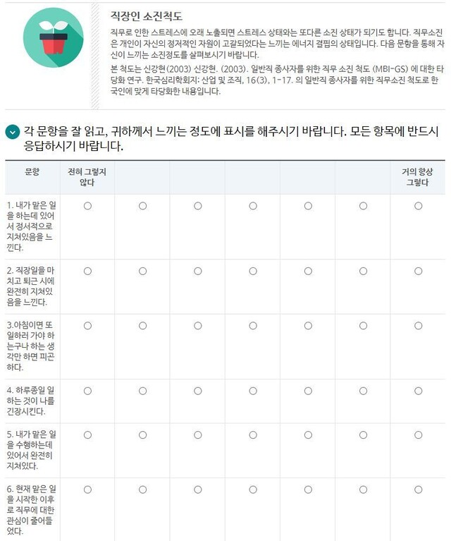 근로복지넷에서 해볼 수 있는 직장인 소진척도 검사. 사진 근로복지넷 갈무리