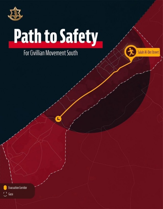 이스라엘방위군(IDF)이 15일 제시한 가자지구 주민들을 위한 피난 루트. 엑스 갈무리